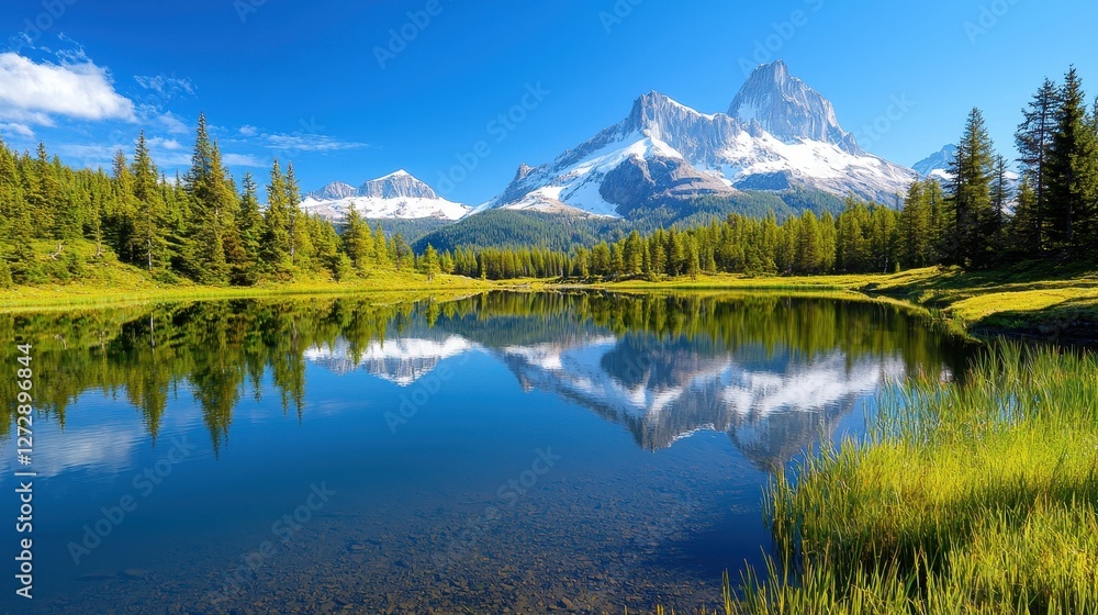 Obraz premium Mountains reflect perfectly on a calm lake surrounded by trees