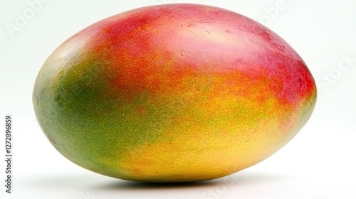 A vibrant yellow mango with a slightly green skin, isolated on white, creating a clean, refreshing image of tropical fruit