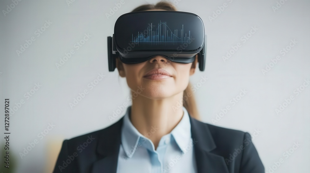 Businesswoman using a virtual reality interface to present futuristic business analytics Businesswoman using a virtual reality interface to present futuristic business analytics