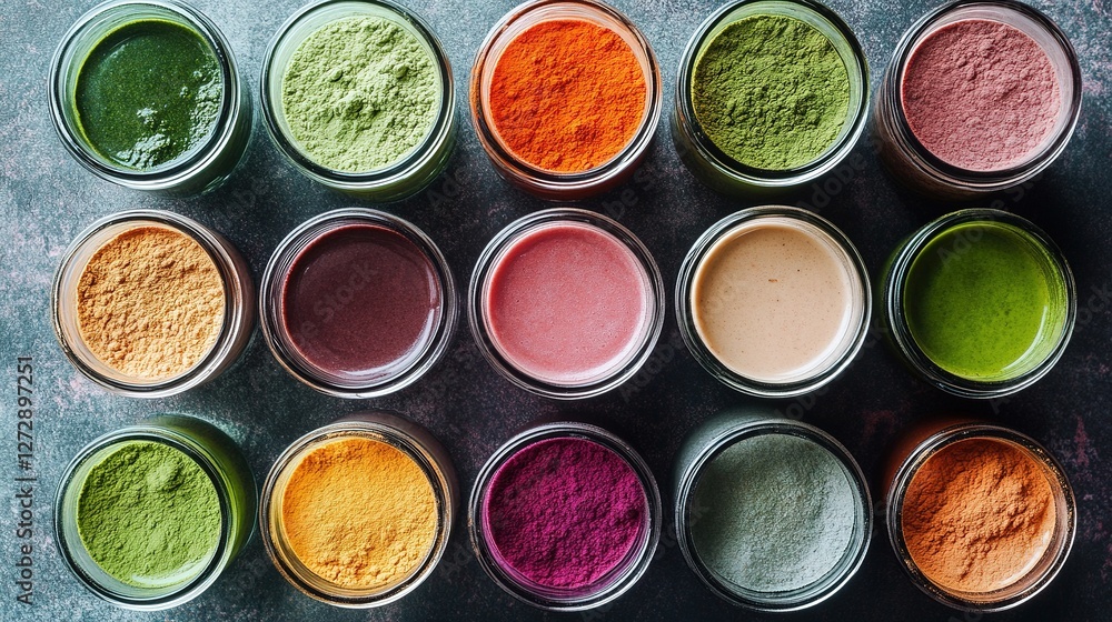 A colorful display of different superfood powder drinks in stylish glasses. A colorful display of different superfood powder drinks in stylish glasses.