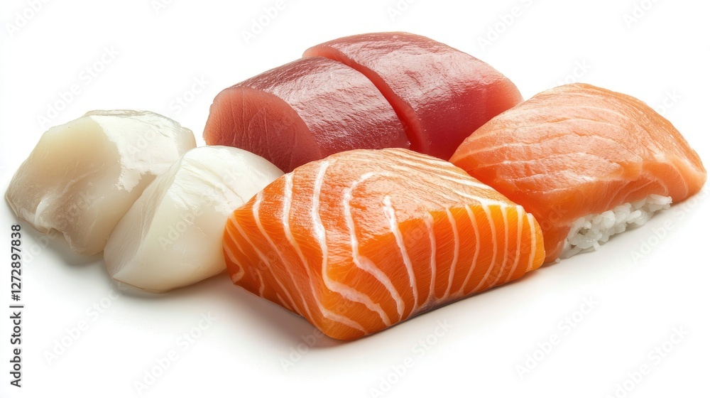 Close-up of assorted sashimi featuring tuna, salmon, and scallops, isolated on a white background, showcasing the fresh textures and colors Close-up of assorted sashimi featuring tuna, salmon, and scallops, isolated on a white background, showcasing the fresh textures and colors