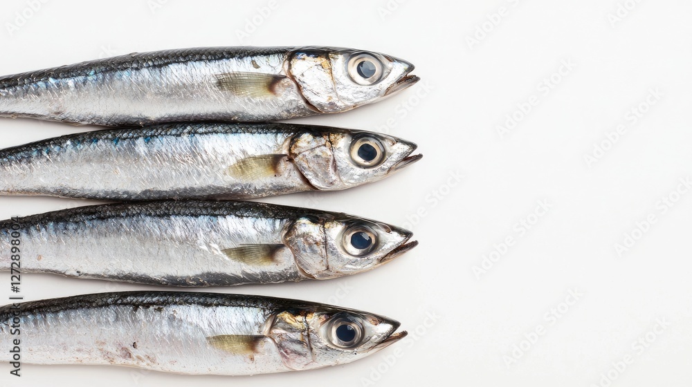 Close-up of fresh raw sardines, isolated on a white background, emphasizing their silver sheen and firm texture for Mediterranean cuisine Close-up of fresh raw sardines, isolated on a white background, emphasizing their silver sheen and firm texture for Mediterranean cuisine