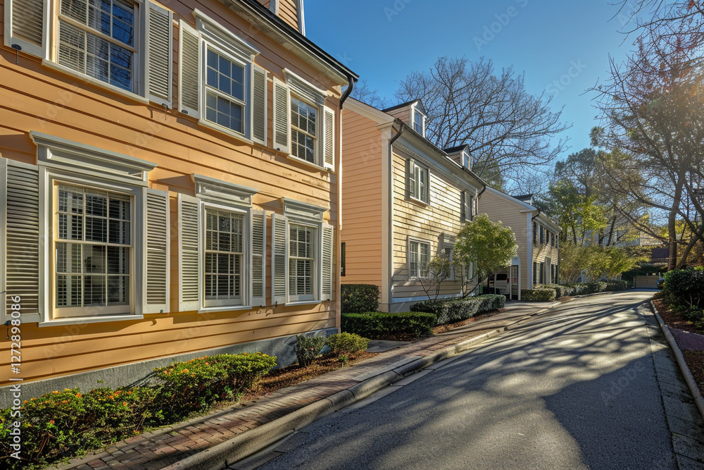 With a wide-angle lens, the sunny peach-colored house with traditional windows and shutters is captured from the end of the street, radiating warmth and tranquility on a peaceful suburban day. With a wide-angle lens, the sunny peach-colored house with traditional windows and shutters is captured from the end of the street, radiating warmth and tranquility on a peaceful suburban day.