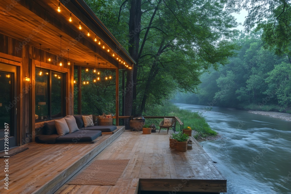 Fototapeta premium Cozy cabin porch overlooking flowing river at dusk with string lights illuminating wooden deck