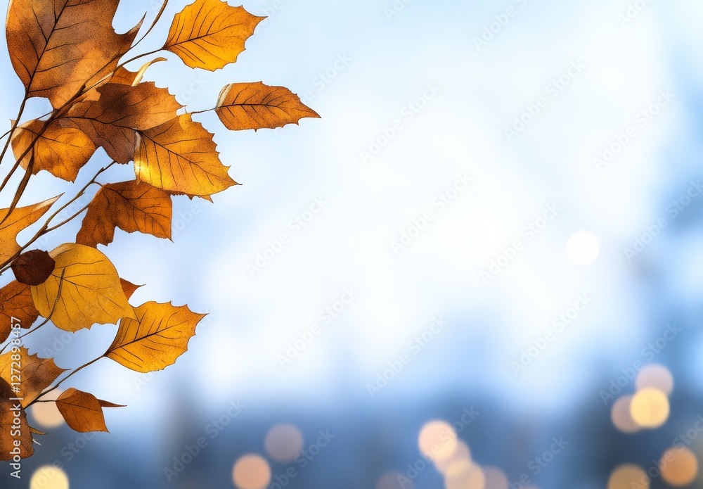 Fototapeta premium Golden Autumn Leaves Isolated Against Soft Blue Background with Gentle Bokeh Effect Creating a Serene Atmosphere