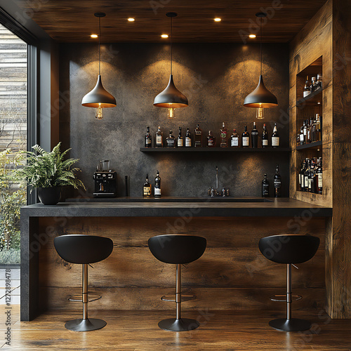 A chic home bar with a sleek counter, stylish stools, and a well-stocked back wall