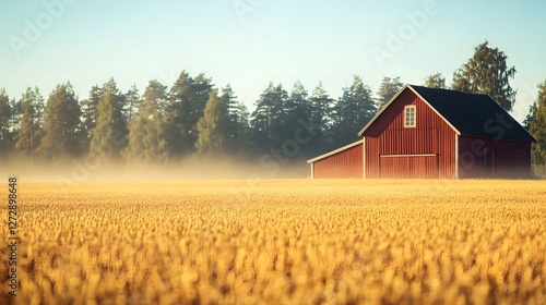 Serene Scandinavian Farmland with Red Barn Swaying Oat Field and Misty Pine Trees