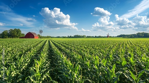 Expansive Midwestern Cornfield with Classic Red Barn and Windmill