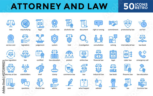 Attorney and Law icons set with law, stop bullying, egal, success rate, alcoholic law, document, right or wrong, commitment, protected by law, act fast icon. Simple retro vector 
