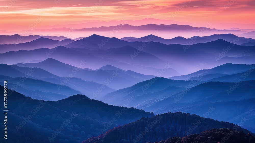 Obraz premium A panoramic view of towering mountains at dusk, with the sky glowing orange and purple --ar 16:9 --v 6 Job ID: fe65f488-d590-4d1f-b8d1-af19c4e84f93