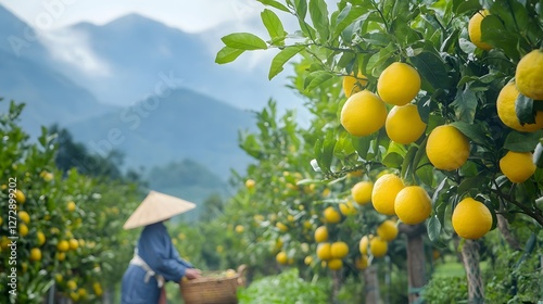 Peaceful Yuzu Orchard in Kochi Japan with Farmer Harvesting Fresh Citrus Fruits