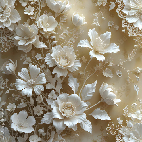 A beautiful fantasy vintage flower wallpaper featuring intricate 3D-modeled flowers and leaves in a white color variation.