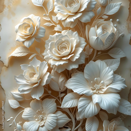 A beautiful fantasy vintage flower wallpaper featuring intricate 3D-modeled flowers and leaves in a white color variation.