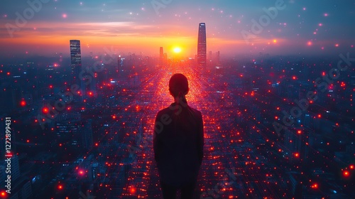 fiber optic light strands connecting high rise buildings illustrating modern digital communication,fast data transfer in an urban cityscape