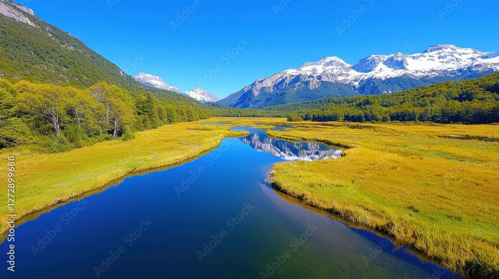River flowing through golden meadow with snow capped mountains backdrop River flowing through golden meadow with snow capped mountains backdrop