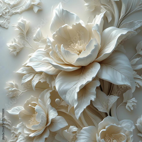 A beautiful fantasy vintage flower wallpaper featuring intricate 3D-modeled flowers and leaves in a white color variation.