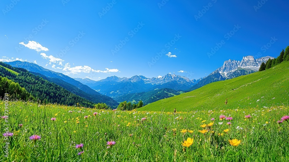 Lush meadow flowers lead to scenic mountains under blue sky