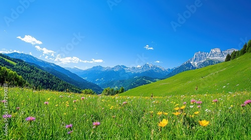 Obraz na płótnie Lush meadow flowers lead to scenic mountains under blue sky w salonie