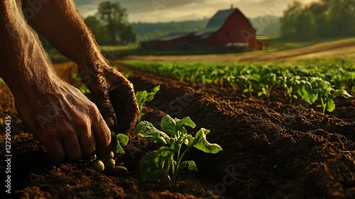 Farmer s Weathered Hands Gently Planting Potato Seedlings in Rich Dark Soil on Tranquil Rural Farm photo