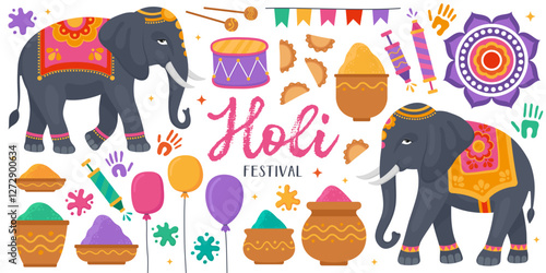 Collection of colorful illustrations for Holi festival.  Indian traditional festival of colors, holiday. Elephants, heaps of Holi pigments in clay bowls, balloons, mandala, drums, paint stains. 