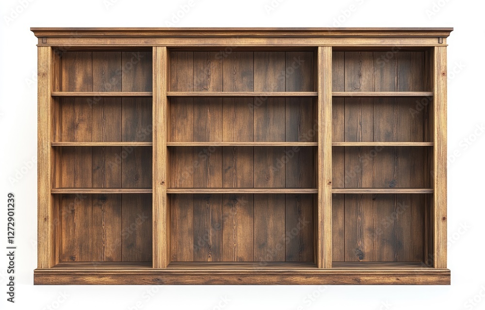Rustic wooden bookcase, empty shelves, studio, white background, home decor Rustic wooden bookcase, empty shelves, studio, white background, home decor