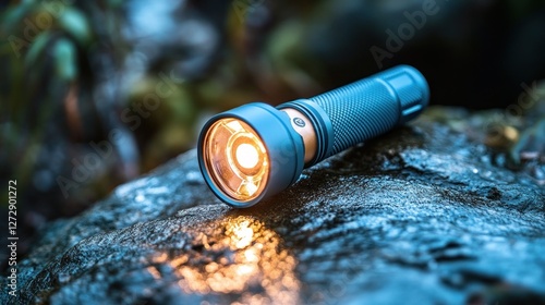 Teal flashlight on rock, illuminating forest background photo