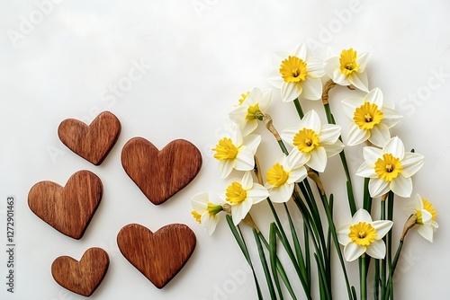 Organic Women's Day design with organic heart shapes and simple white daffodils on a natural white backdrop.