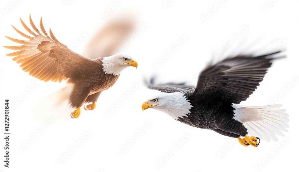 Majestic Bald Eagles in Flight with Flared Wings, Capturing Dynamic Movement and Natural Beauty Against White Background Majestic Bald Eagles in Flight with Flared Wings, Capturing Dynamic Movement and Natural Beauty Against White Background
