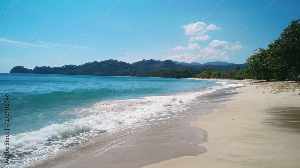 Obraz premium A pristine tropical beach with soft white sand and turquoise waves gently lapping the shore --ar 16:9 --v 6 Job ID: 0530cb46-25d4-4cd8-b741-532cdc96bfb0