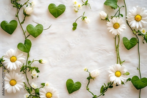 Organic Women's Day banner with organic heart vines and organic white daisies on a pure organic white canvas.