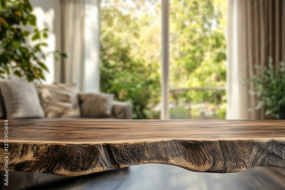 Wooden table, living room, sunlight, plants, display Wooden table, living room, sunlight, plants, display