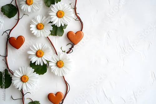 Organic Women's Day design with organic heart vines and organic white daisies on a pure organic white canvas.