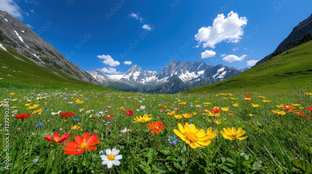 Obraz premium Vibrant meadow flowers bloom beneath snow capped mountains and blue sky