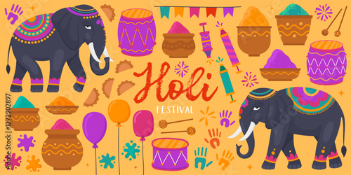 Collection of colorful illustrations for Holi. Indian traditional festival of colors, holiday. Elephants, heaps of Holi pigments in clay bowls, balloons, drums, paint stains, yellow background.