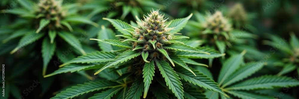 Close-up of lush cannabis plants, showcasing vibrant green leaves and budding flowers. Perfect for illustrating topics related to cannabis cultivation, wellness, or the cannabis industry.