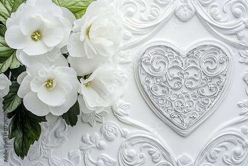 Ornamental Women's Day design with ornamental heart filigree and ornamental white begonias on an ornate white backdrop.