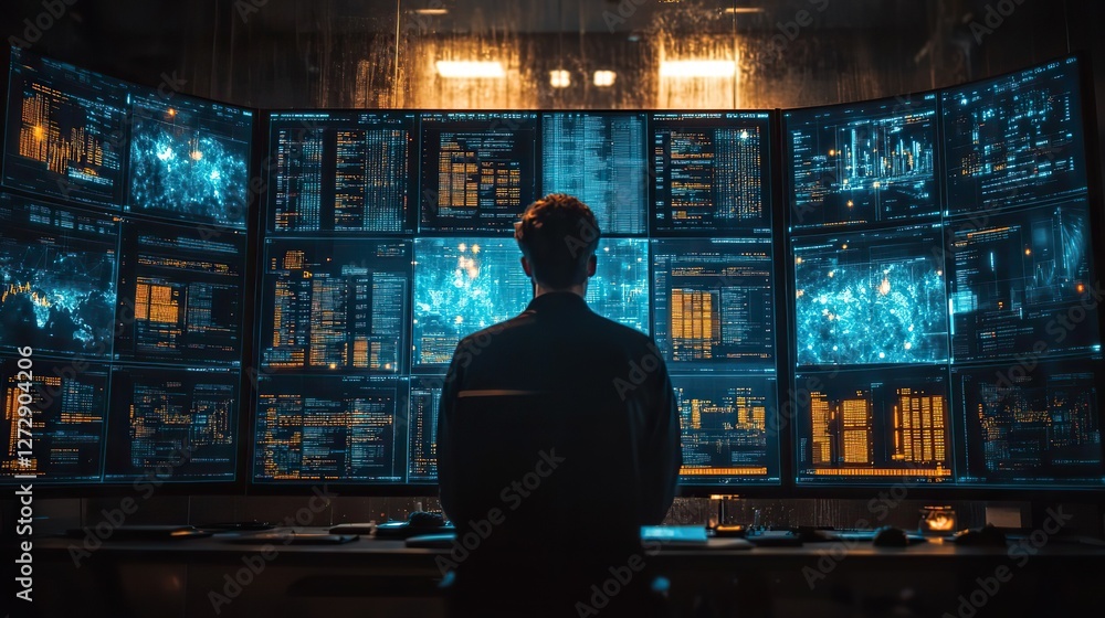 focused male software engineer analyzes data server,blockchain network in state of the art monitoring control room with it team,digital screens focused male software engineer analyzes data server,blockchain network in state of the art monitoring control room with it team,digital screens