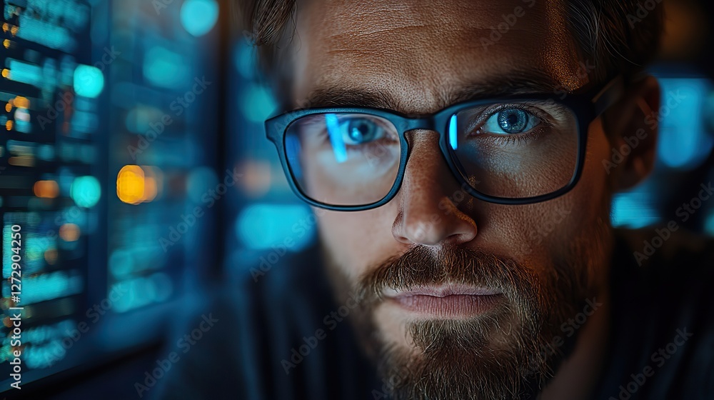 focused male software engineer analyzes data server,blockchain network in state of the art monitoring control room with it team,digital screens focused male software engineer analyzes data server,blockchain network in state of the art monitoring control room with it team,digital screens