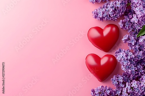 Peaceful Women's Day poster with serene hearts and calming lilacs on a tranquil pink background.