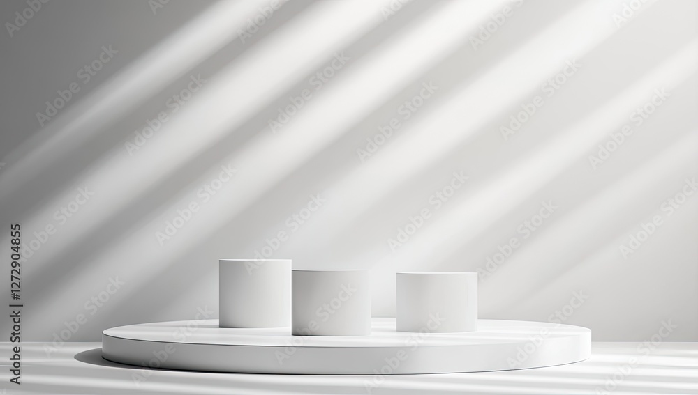 White podium, sunlit studio, product display, minimalist background White podium, sunlit studio, product display, minimalist background