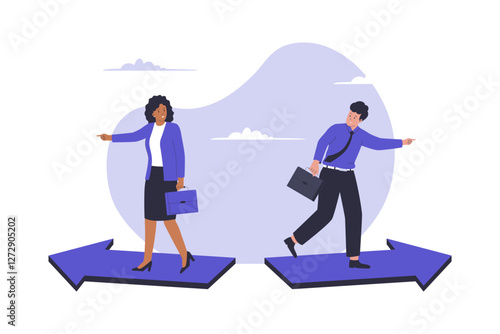 Illustration of different business direction. 2 business people choose different way. Illustrations for websites, landing pages, mobile apps, posters and banners