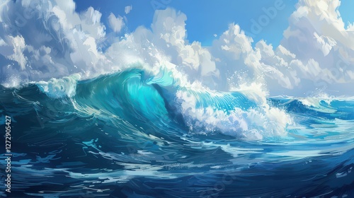 Surfing big waves in the ocean 