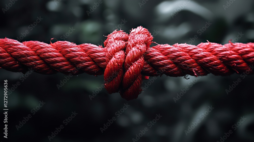 frayed red rope dangling by a single thread on monochrome background with ample copy space for text or message symbolizing fragility,resilience in minimalist design concepts