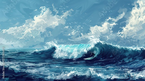 Surfing big waves in the ocean 