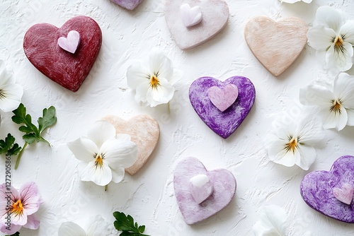 Peaceful Women's Day design with peaceful heart symbols and peaceful white violets on a calming white canvas.