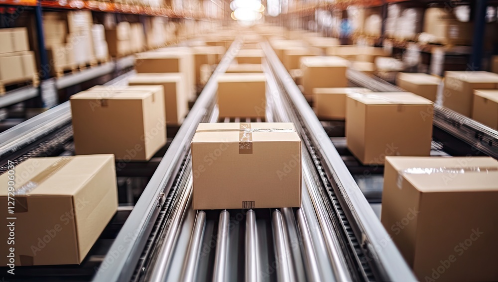 Warehouse conveyor belt, cartons moving, logistics, distribution center Warehouse conveyor belt, cartons moving, logistics, distribution center