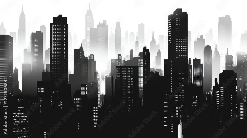 Fototapeta premium A breathtaking architectural scene with towering skyscraper silhouettes casting shadows on the city below