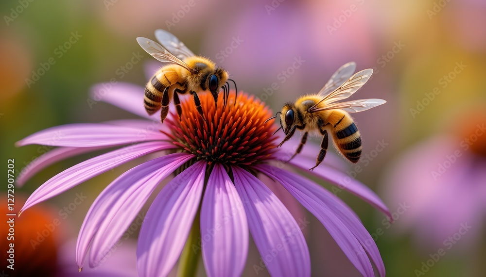 Macro Shot of Two Bees Hovering Near a Vibrant Purple Cone-flower Macro Shot of Two Bees Hovering Near a Vibrant Purple Cone-flower