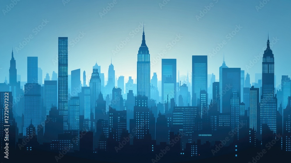 Naklejka premium A cityscape featuring iconic skyscraper silhouettes illuminated by the soft glow of twilight