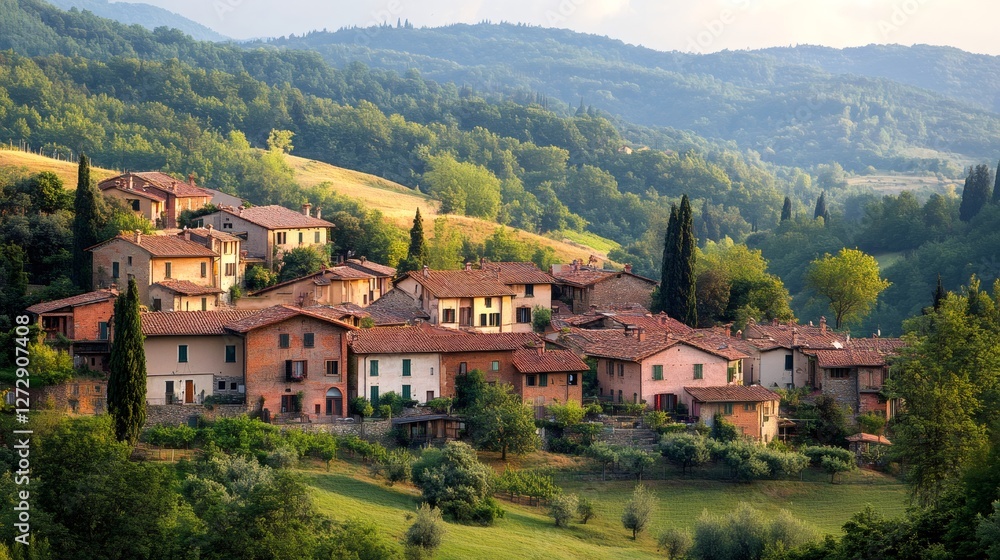 Picturesque Tuscany village nestled on rolling hills during golden hour Picturesque Tuscany village nestled on rolling hills during golden hour
